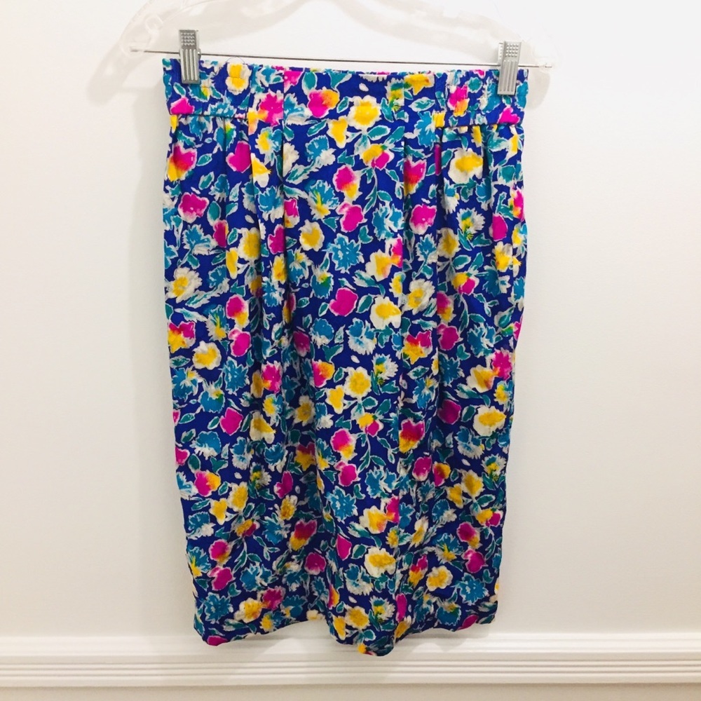Vintage 100% Silk Floral Skirt 6 purple yellow